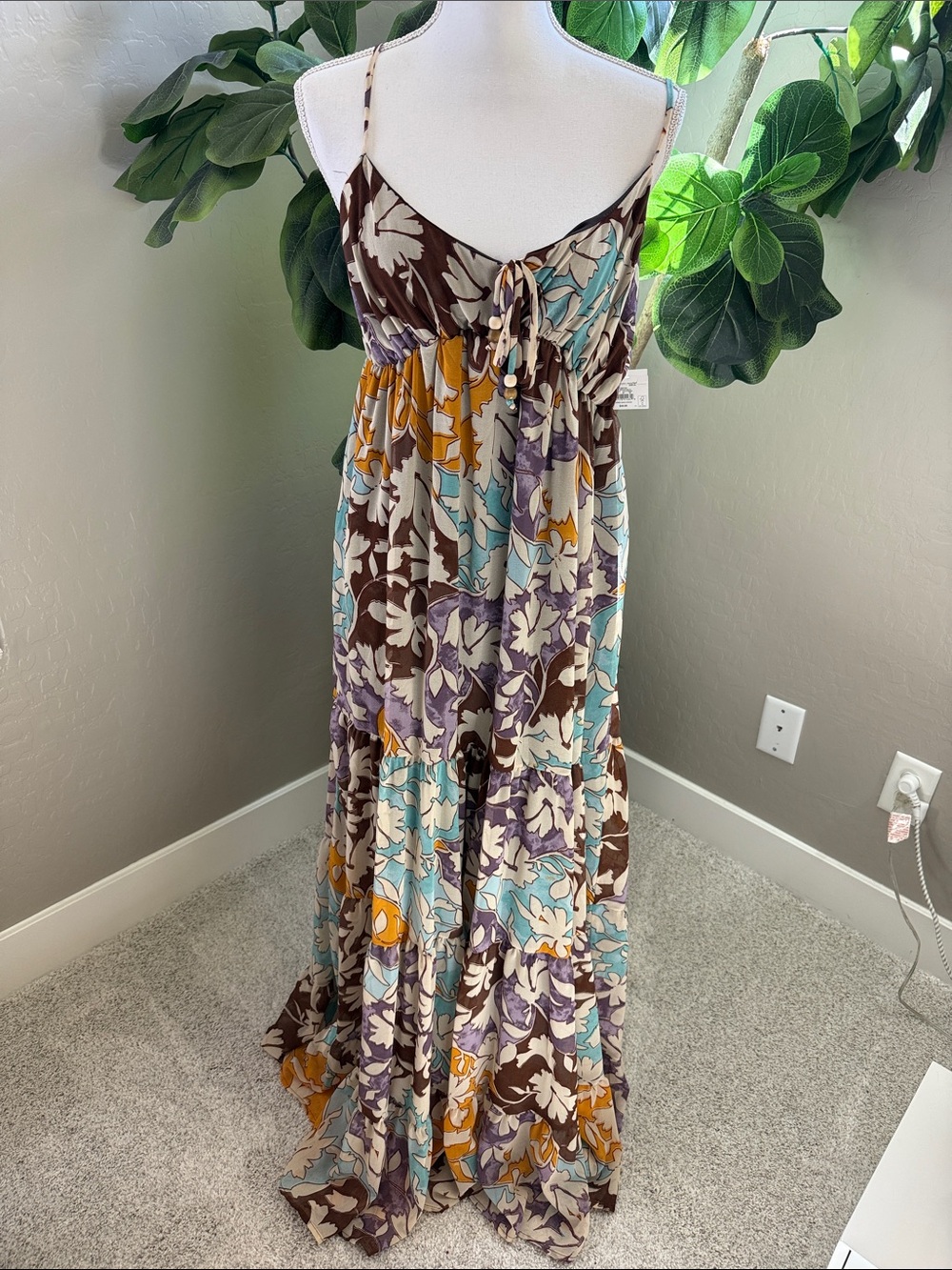 SO Floral Tiered Maxi Dress in Brown, Teal, Lavender and Mustard
